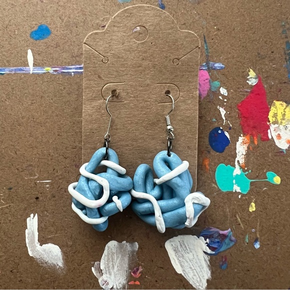 White and Blue Messy Ball Earrings - Picture 4 of 5